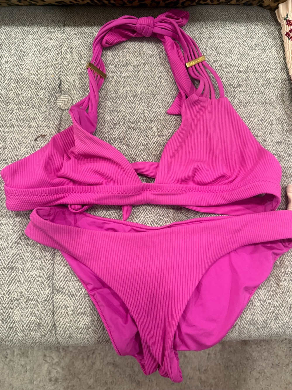 Hot Pink Ribbed Halter Bikini 2 Piece Swimsuit Ruched Bottom